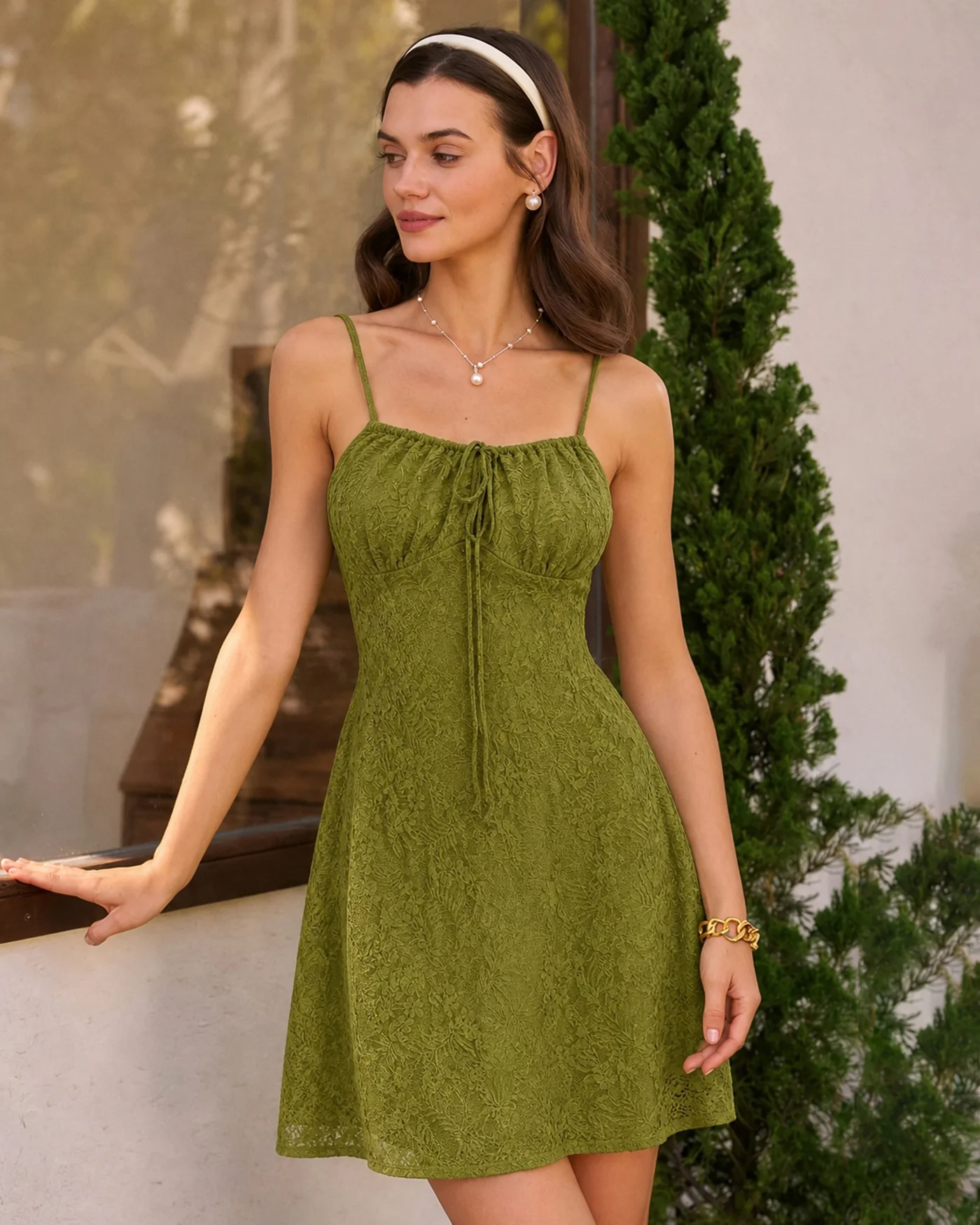 Green Ruched A-Line Slip Mini Dress - Image 2