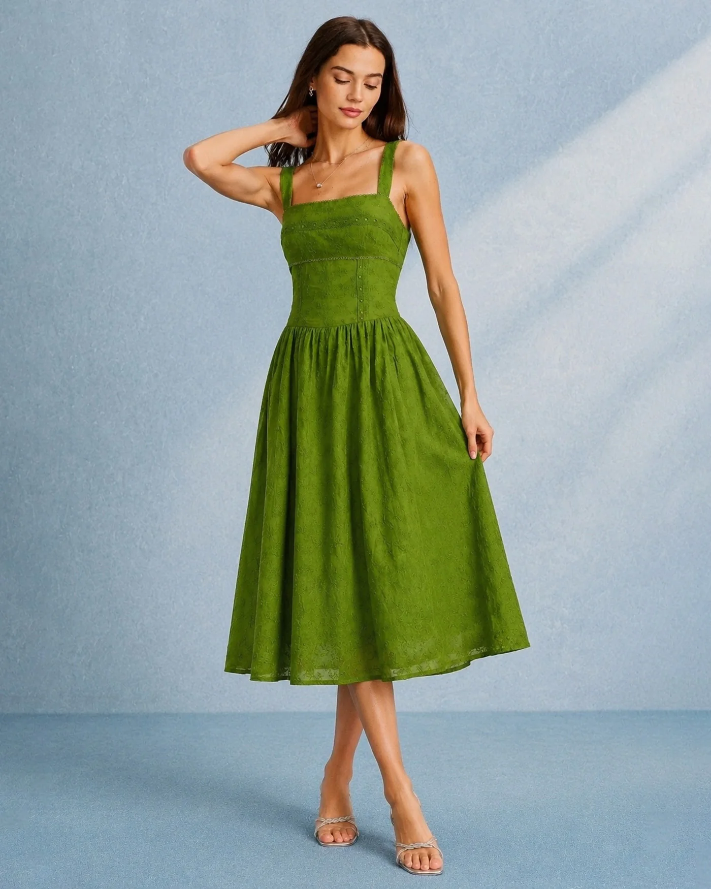 Green Square Neck Lace Slip Midi Dress - Image 2