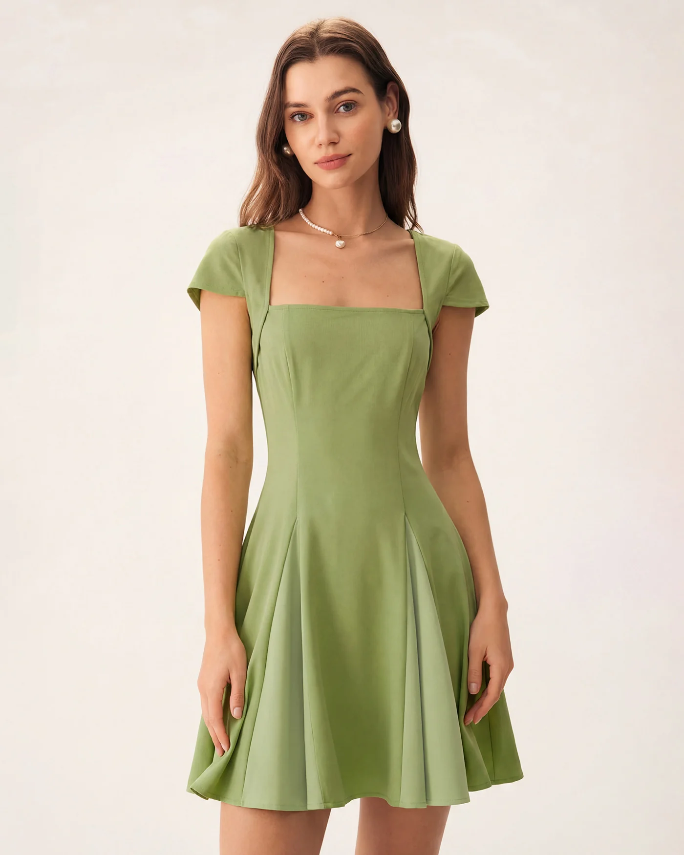 Green Square Neck Splicing Mini Dress