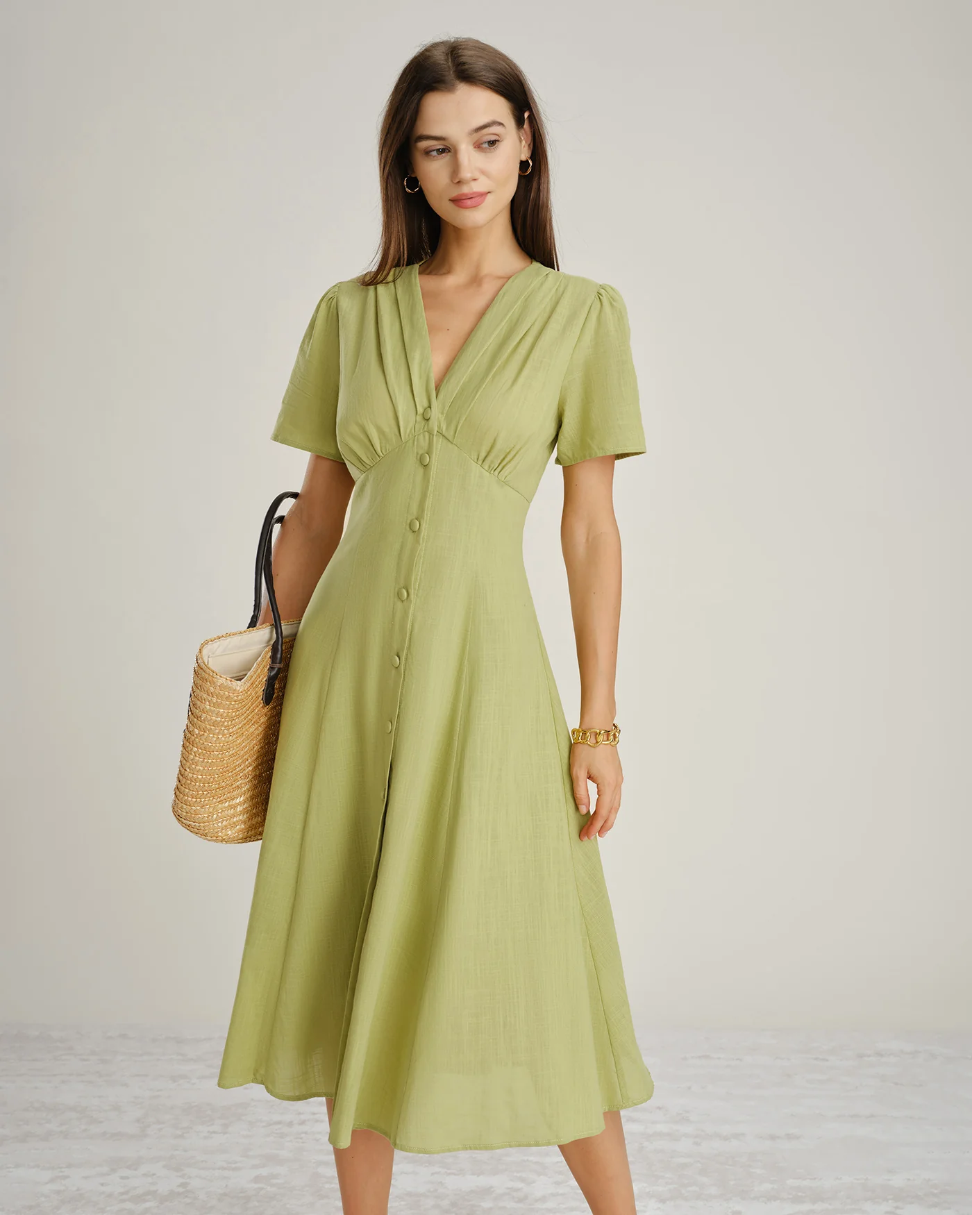 Green V Neck Button A-Line Midi Dress - Image 2