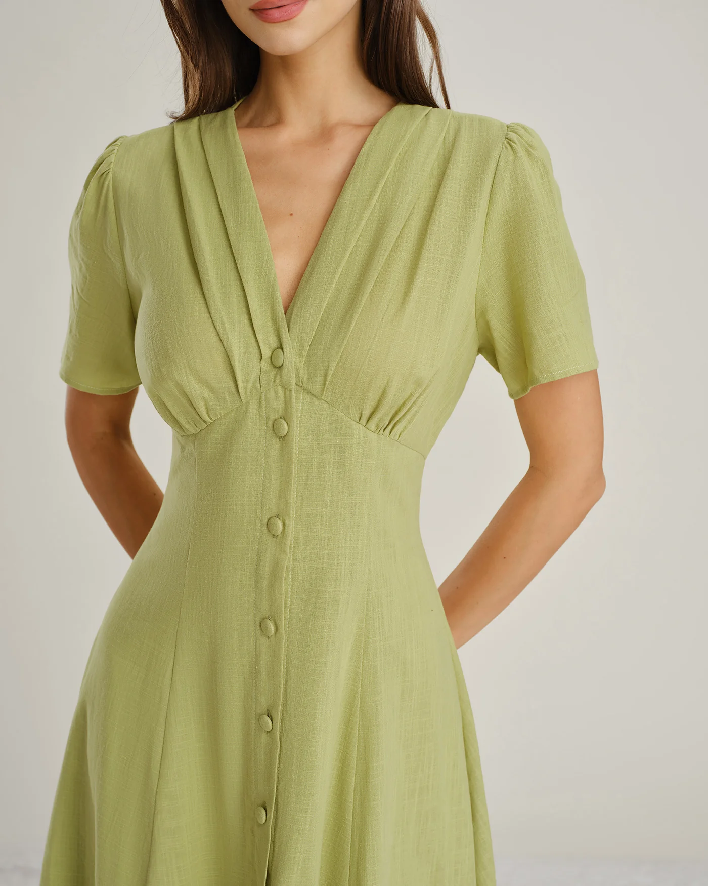 Green V Neck Button A-Line Midi Dress - Image 3