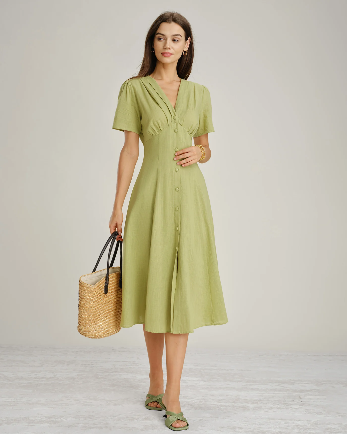 Green V Neck Button A-Line Midi Dress - Image 4