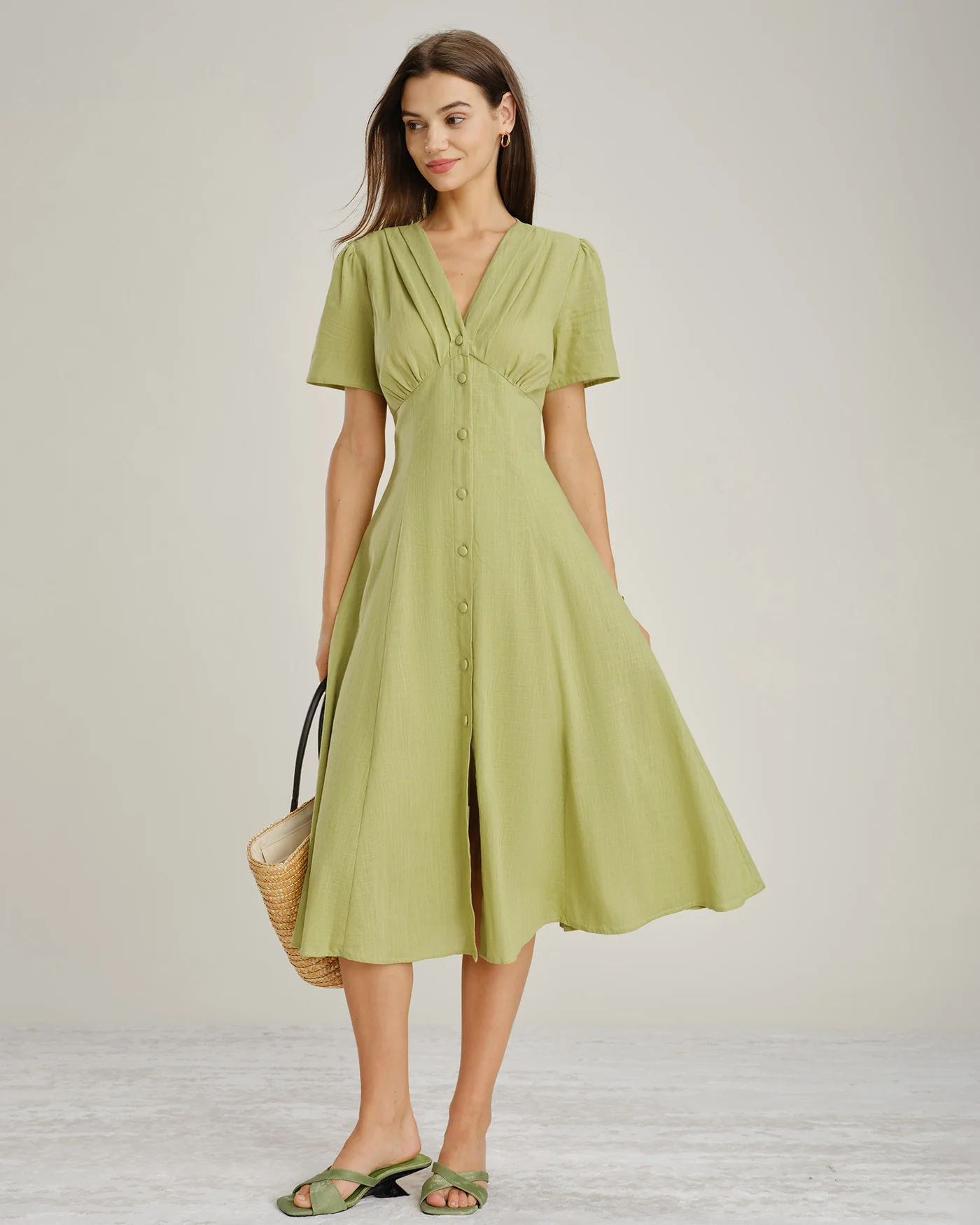 Green V Neck Button A-Line Midi Dress - Image 5