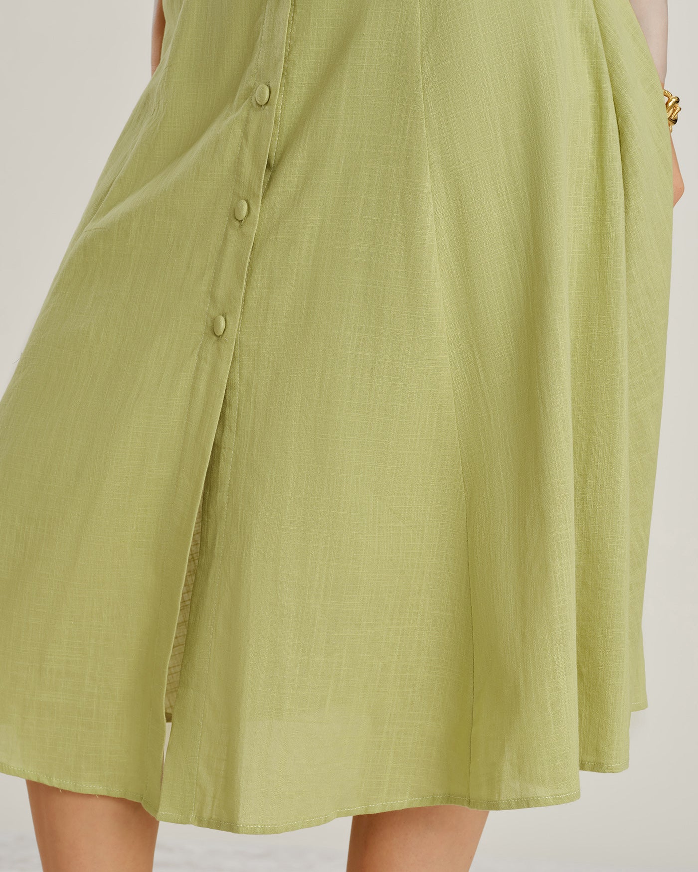 Green V Neck Button A-Line Midi Dress - Image 6