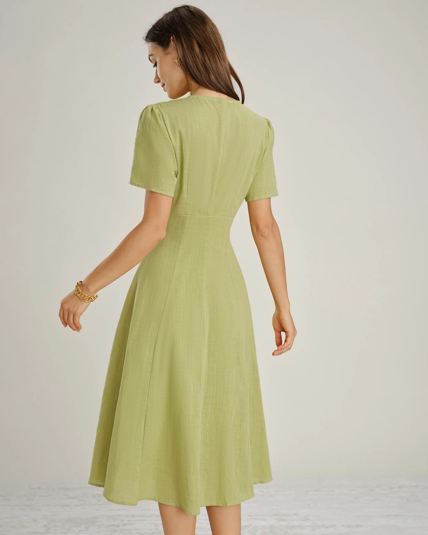 Green V Neck Button A-Line Midi Dress - Image 7