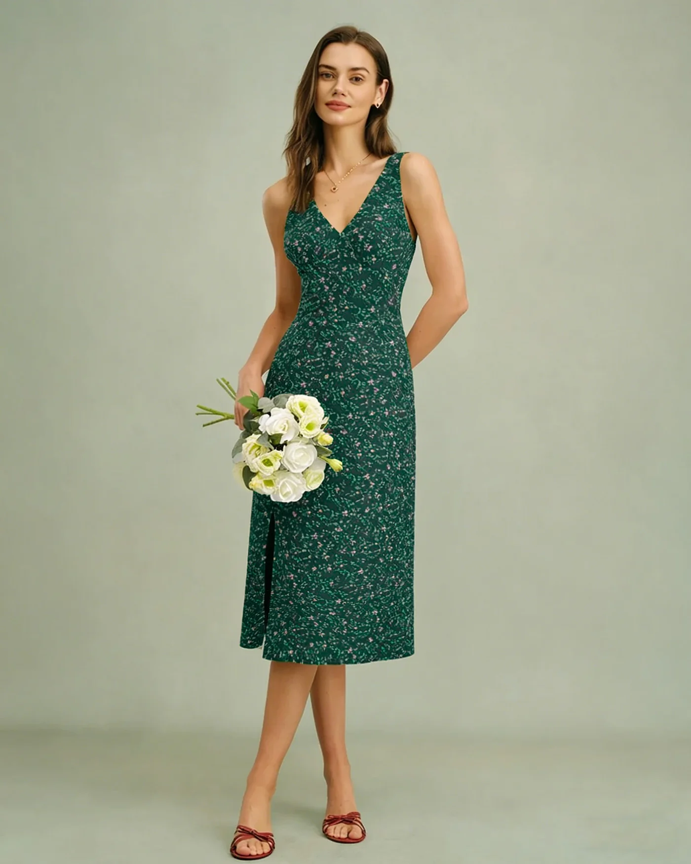 Green V Neck Floral Midi Dress
