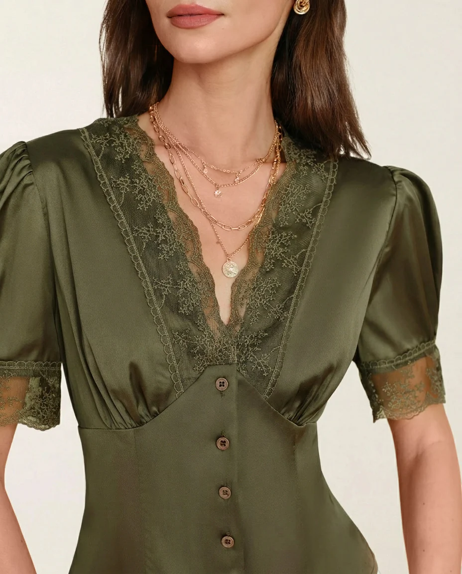 Green V Neck Puffed Sleeve Lace Blouse - Image 2