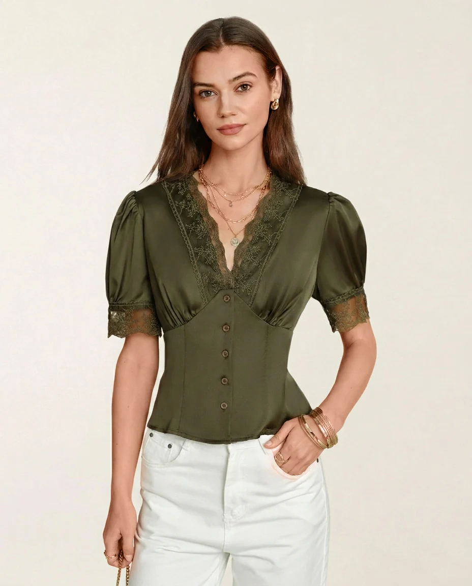 Green V Neck Puffed Sleeve Lace Blouse - Image 3