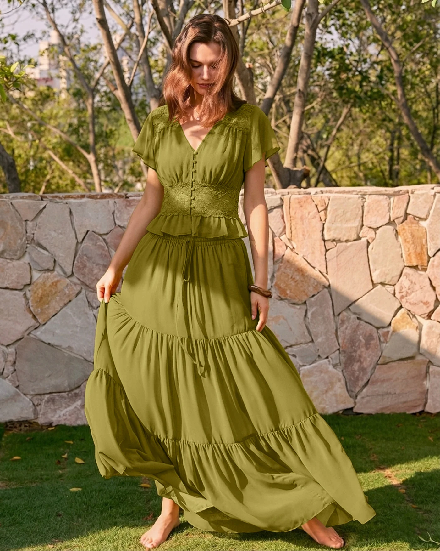 Green V Neck Ruched Blouse - Image 3