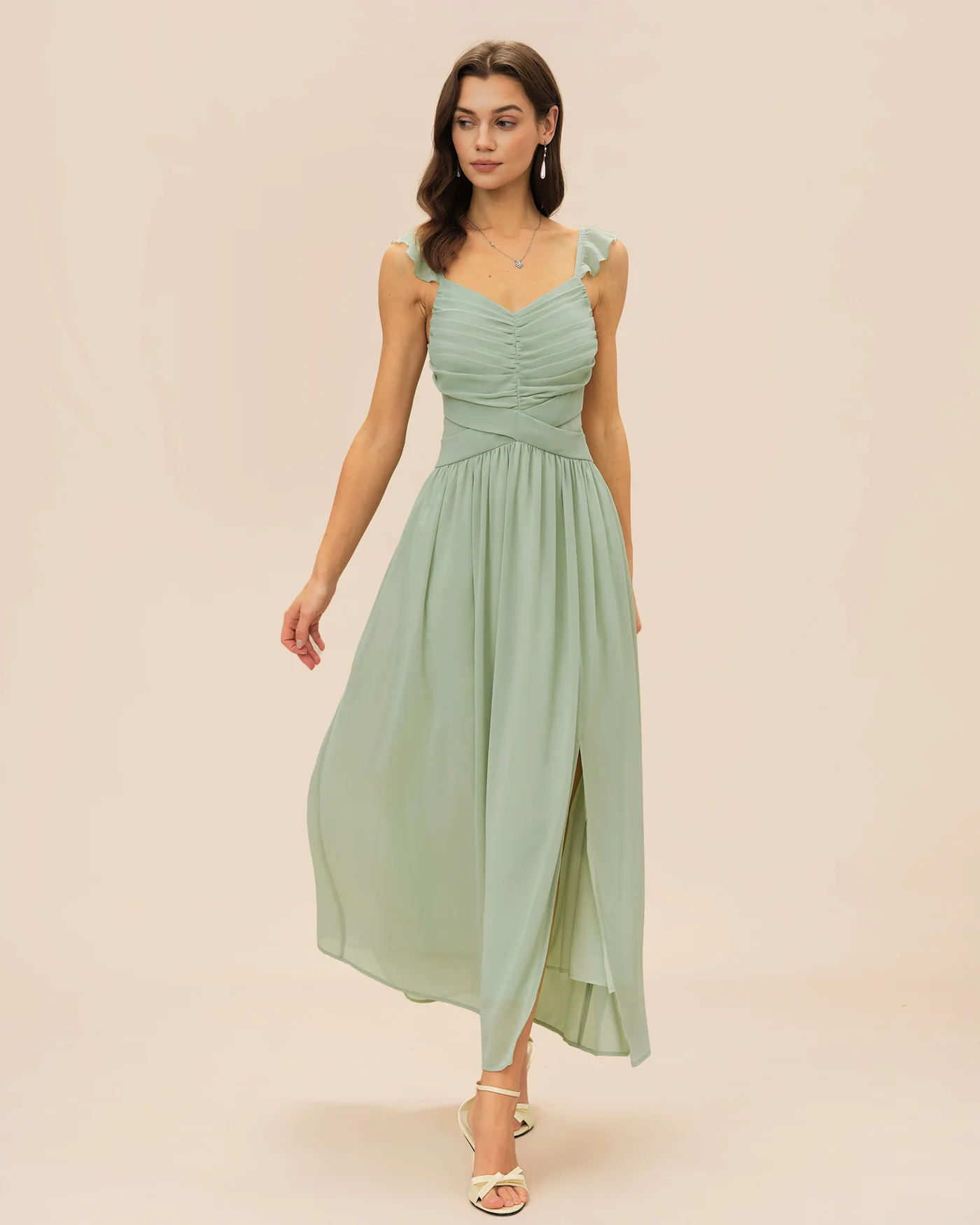 Green V Neck Ruffle Tie Maxi Dress - Image 3