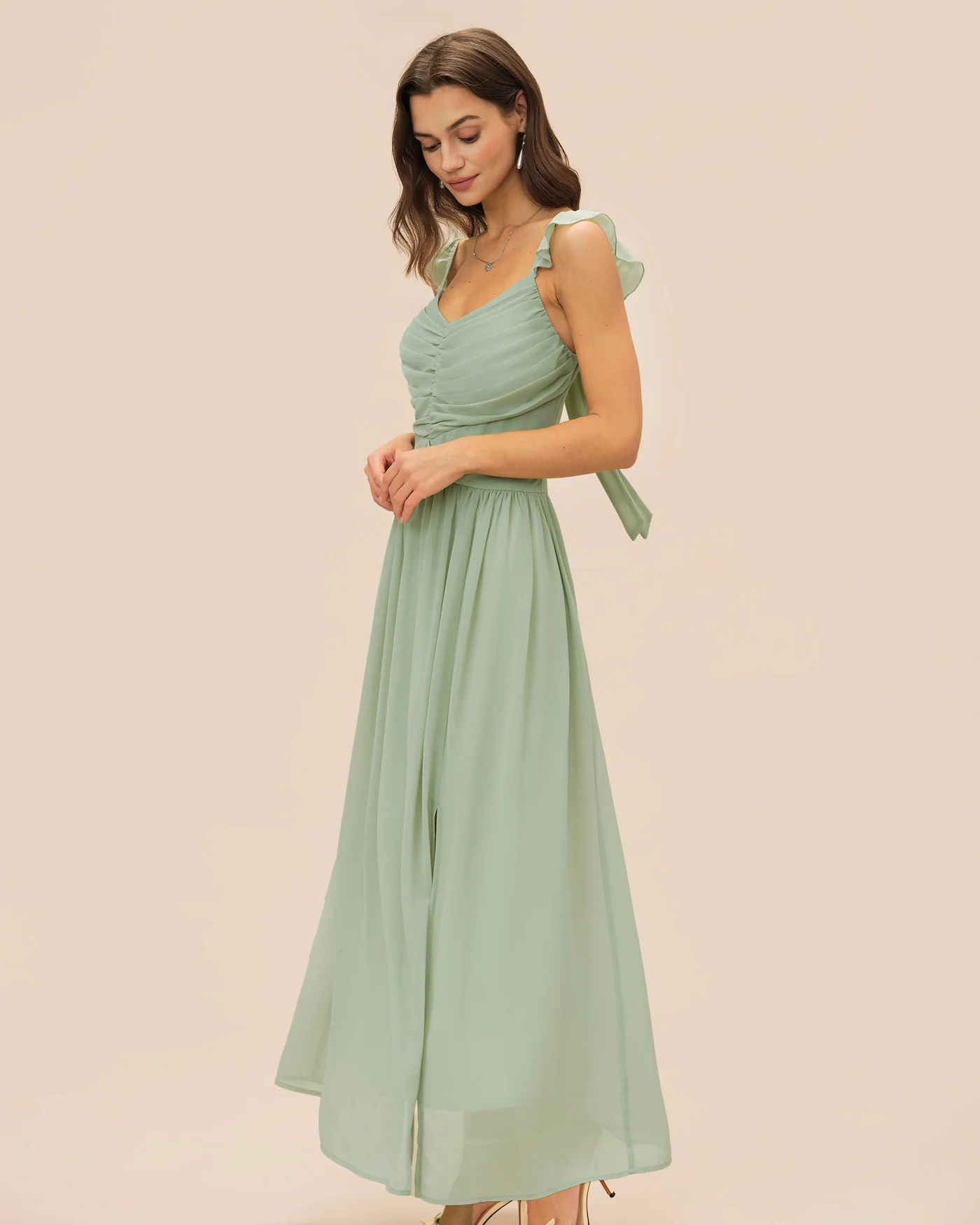 Green V Neck Ruffle Tie Maxi Dress - Image 4