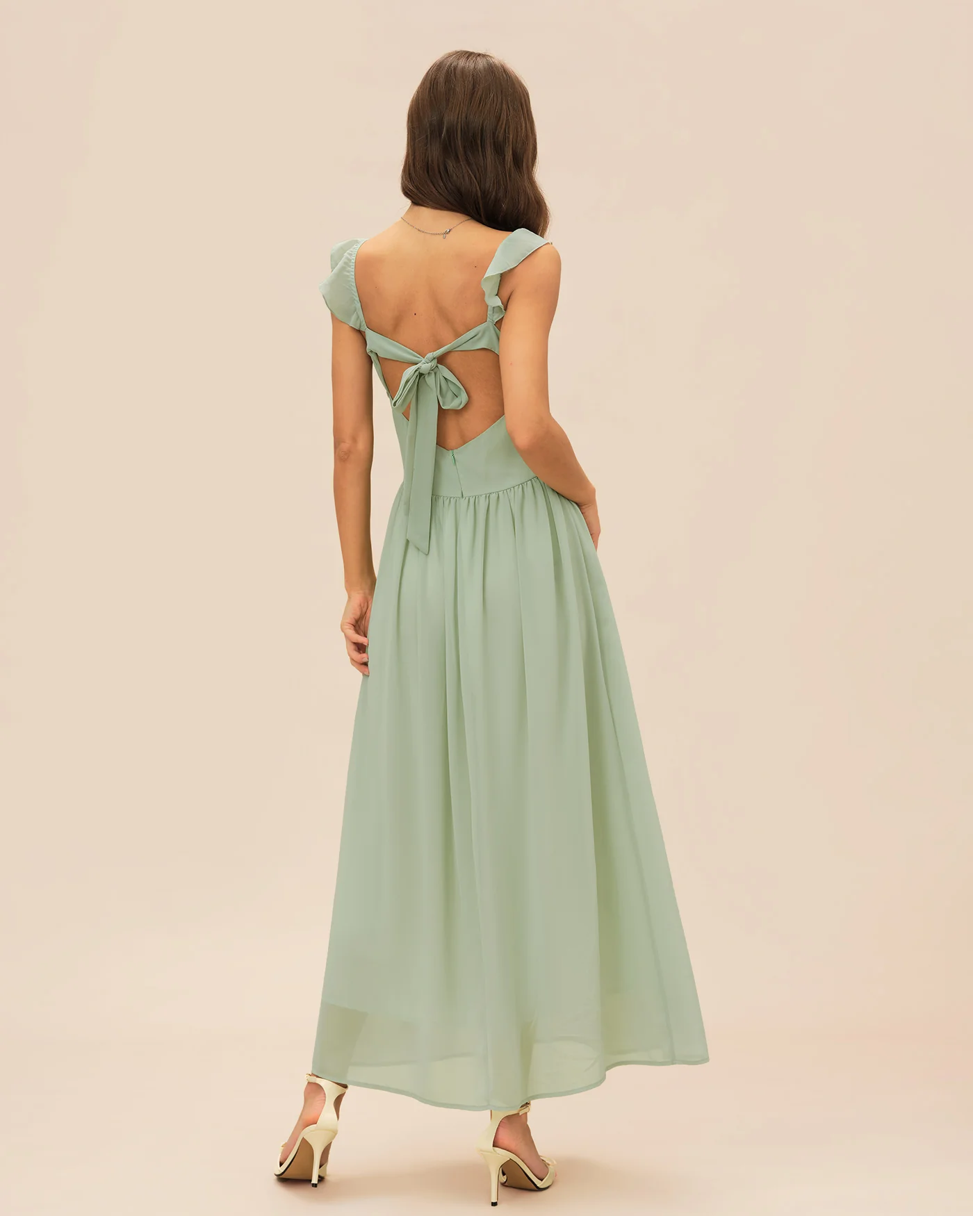 Green V Neck Ruffle Tie Maxi Dress - Image 5