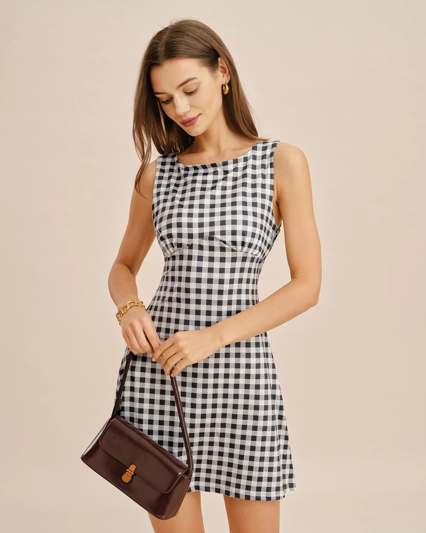 Grey Boat Neck Plaid Mini Dress - Image 2