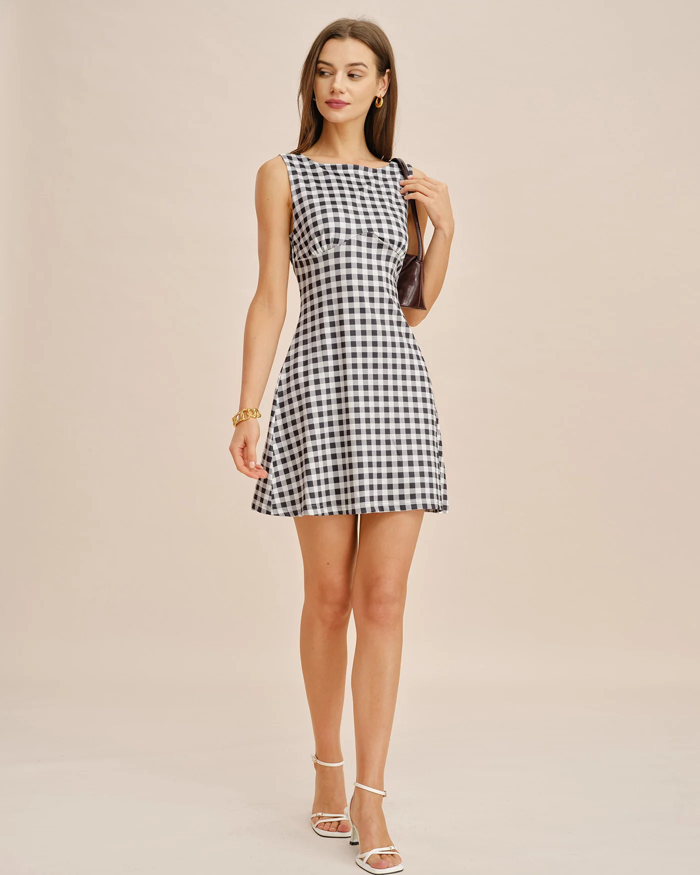 Grey Boat Neck Plaid Mini Dress - Image 4