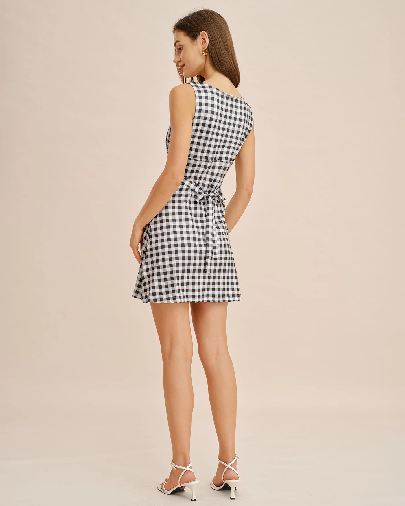 Grey Boat Neck Plaid Mini Dress - Image 5