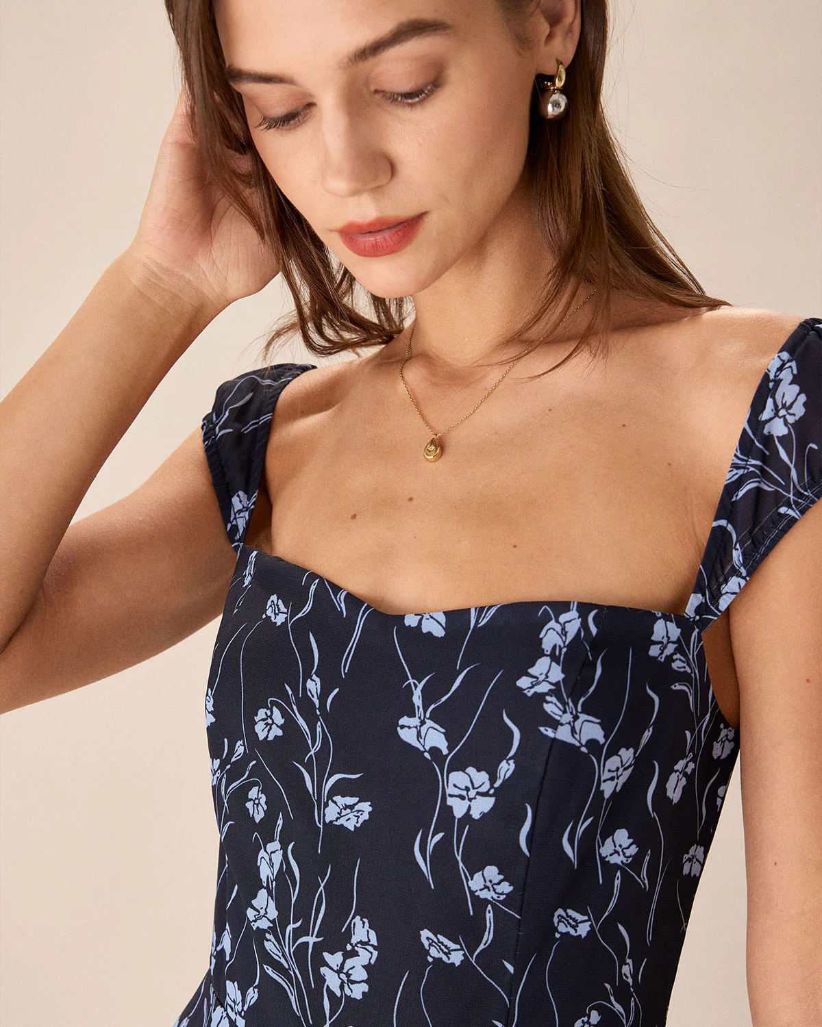 Navy Floral Sweetheart Neck Midi Dress - Image 2