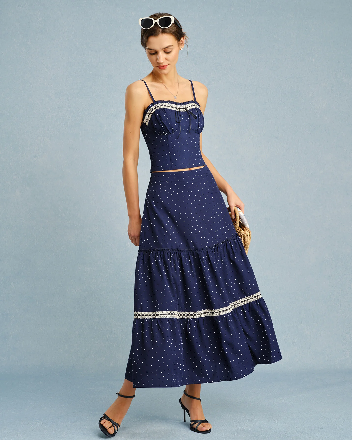 Navy Polka Dot Lace Midi Skirt - Image 10