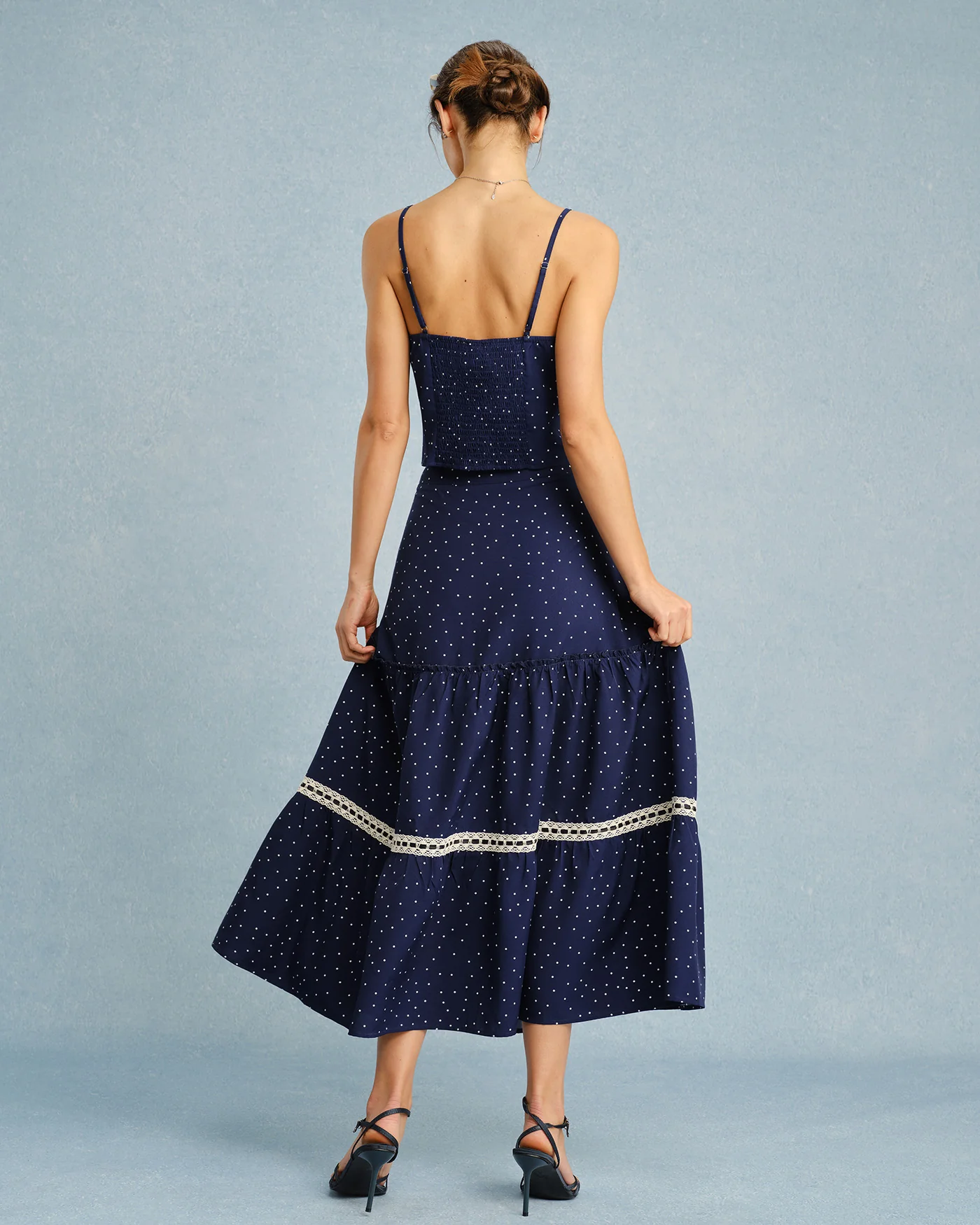 Navy Polka Dot Lace Midi Skirt - Image 11