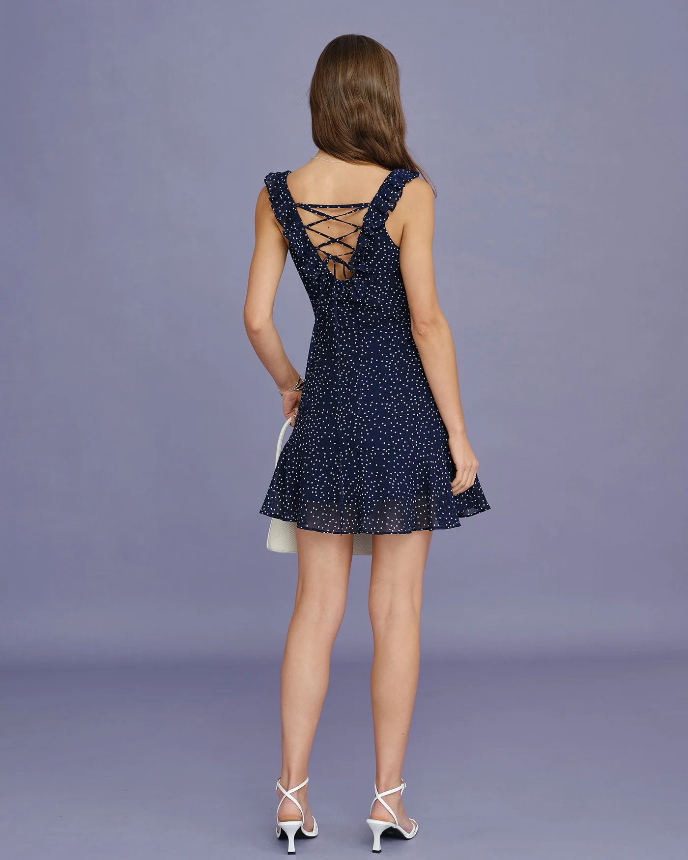 Navy Polka Dot Ruffle Mini Dress - Image 6