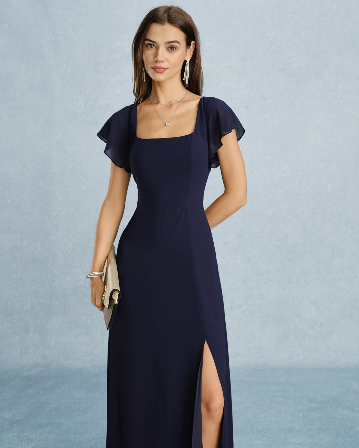 Navy Square Neck Slit Chiffon Maxi Dress - Image 3