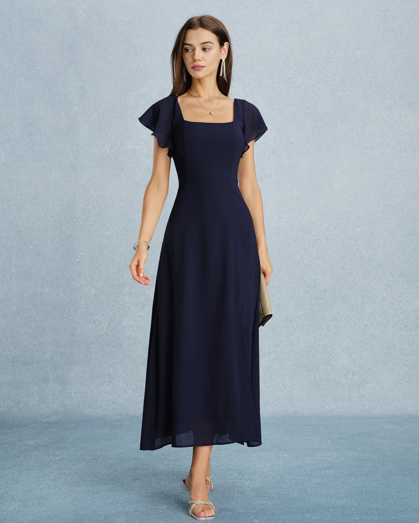 Navy Square Neck Slit Chiffon Maxi Dress - Image 4