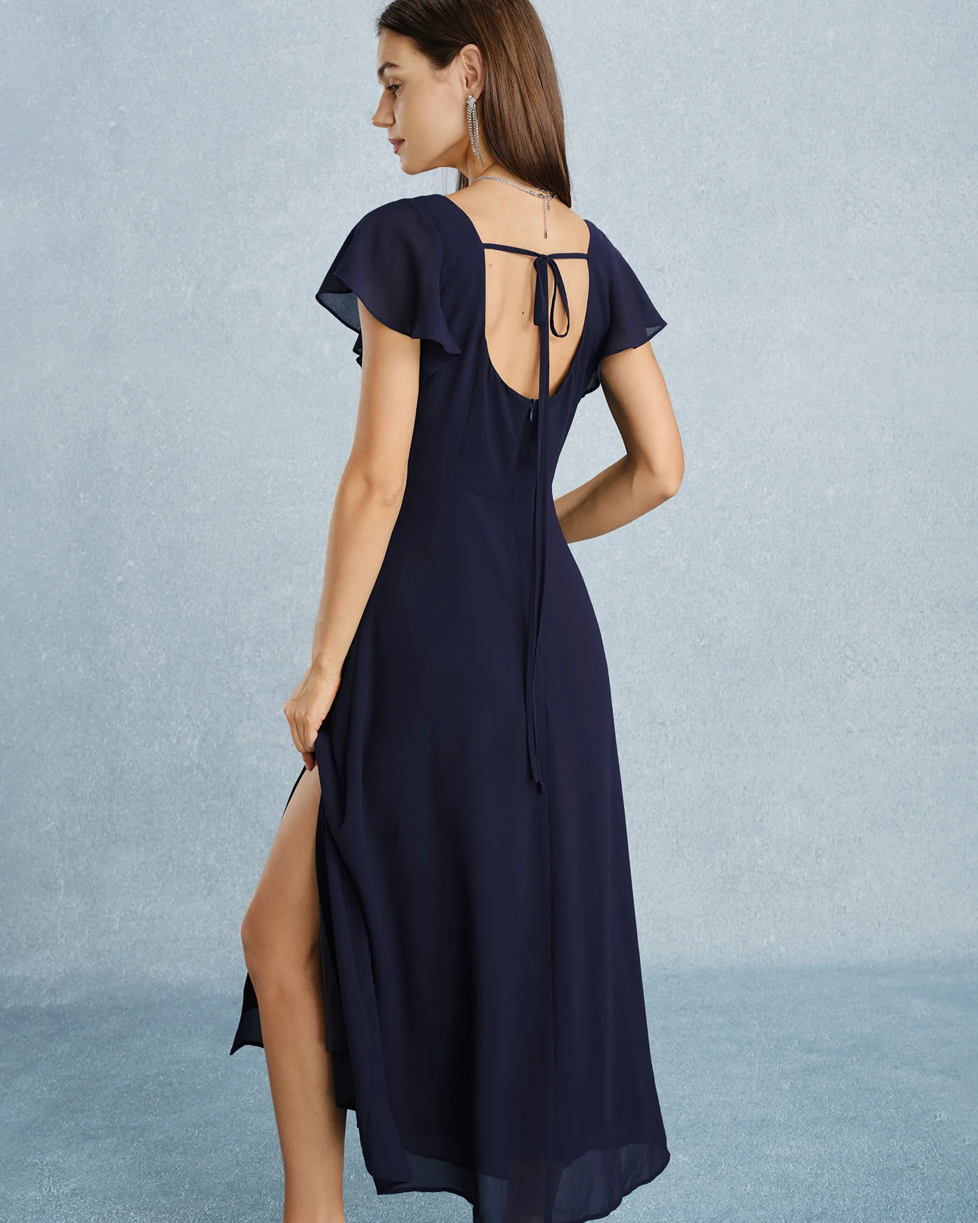 Navy Square Neck Slit Chiffon Maxi Dress - Image 5