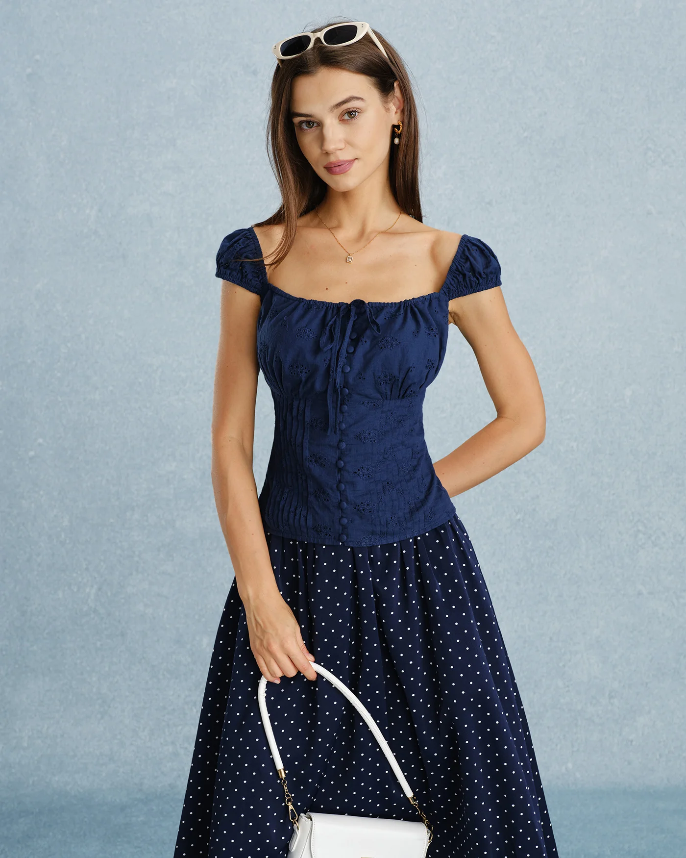 Navy Square Neck Tie Button Tank Top - Image 3