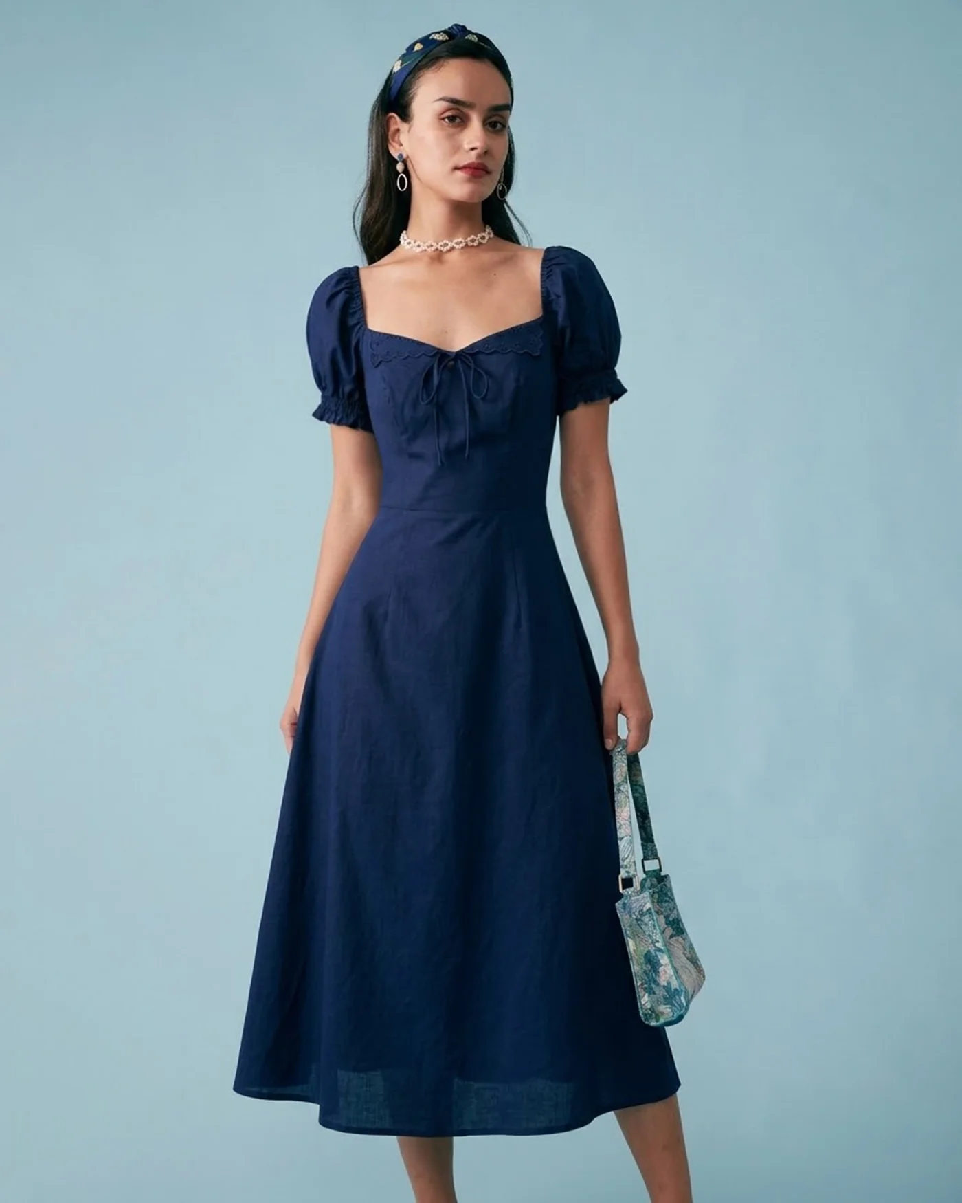 Navy V Neck Puffed Sleeve Midi Dress