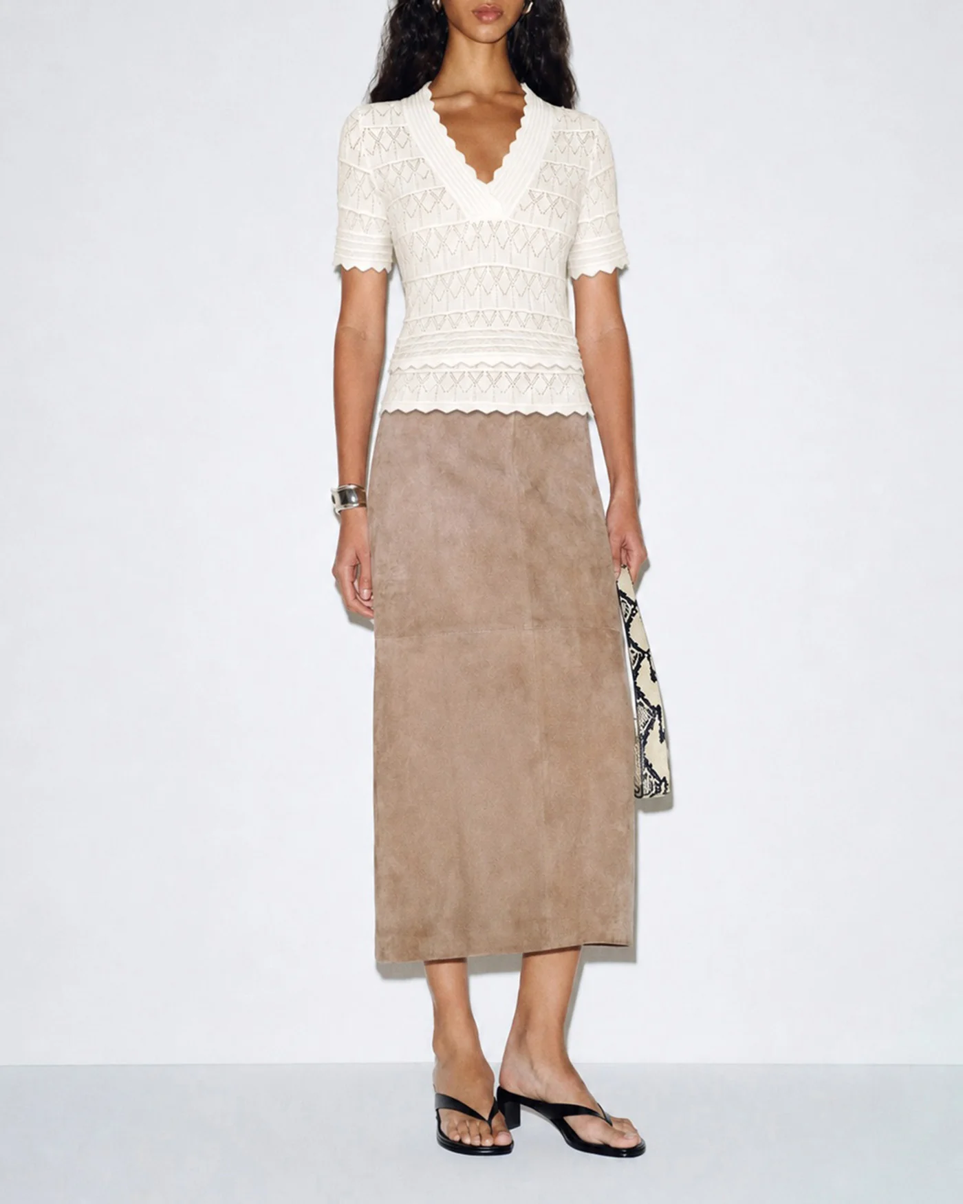 Off White Solid V Neck Textured Sweater - Image 3