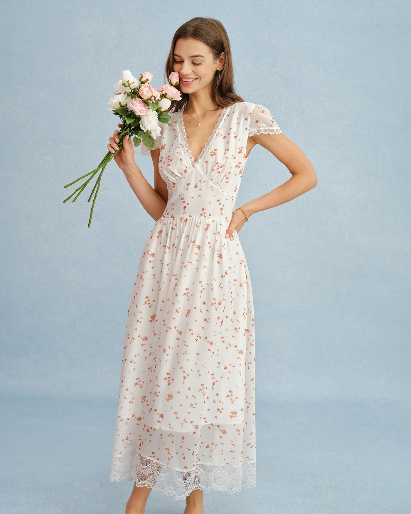 Off White V Neck Lace Floral Maxi Dress