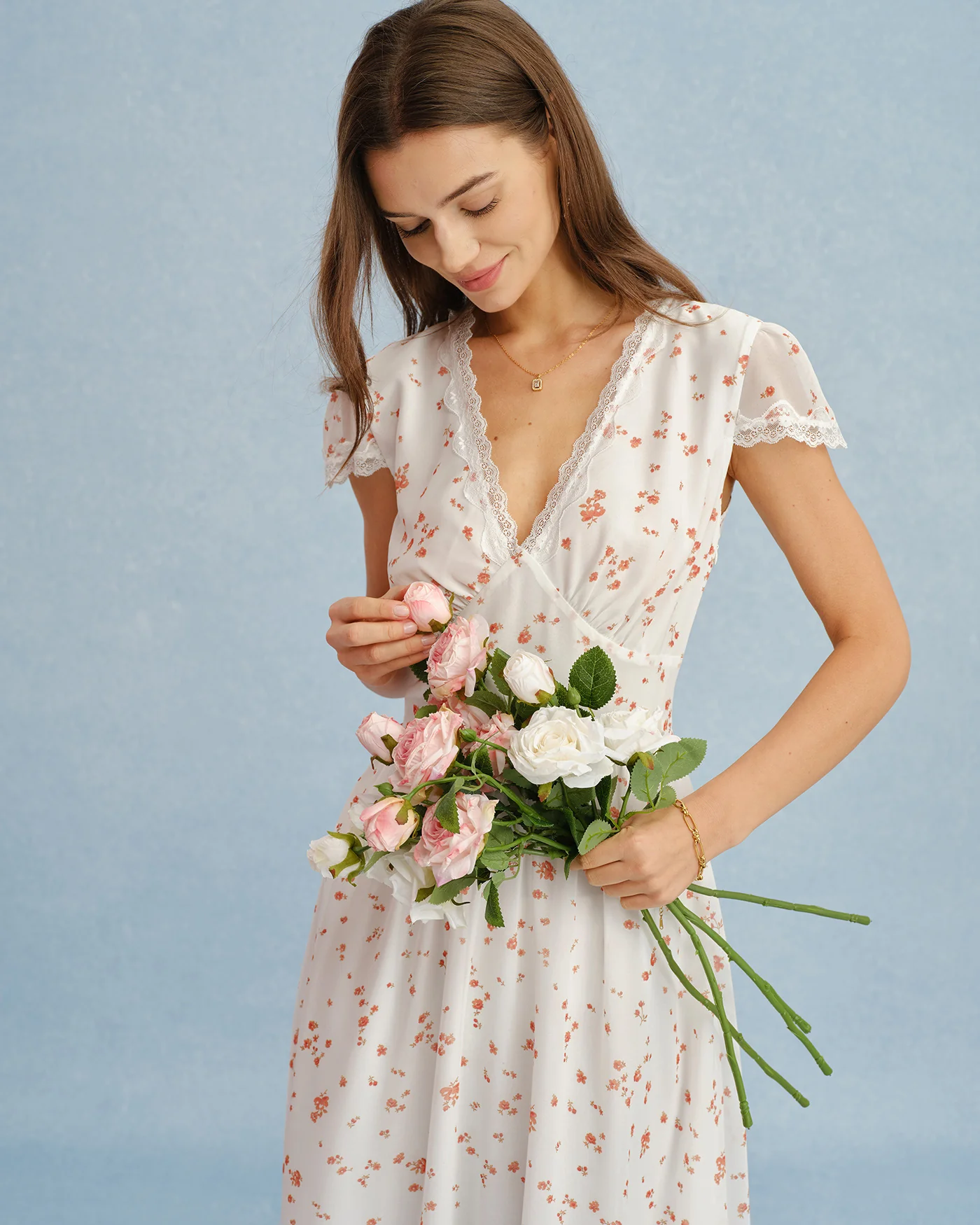 Off White V Neck Lace Floral Maxi Dress - Image 2