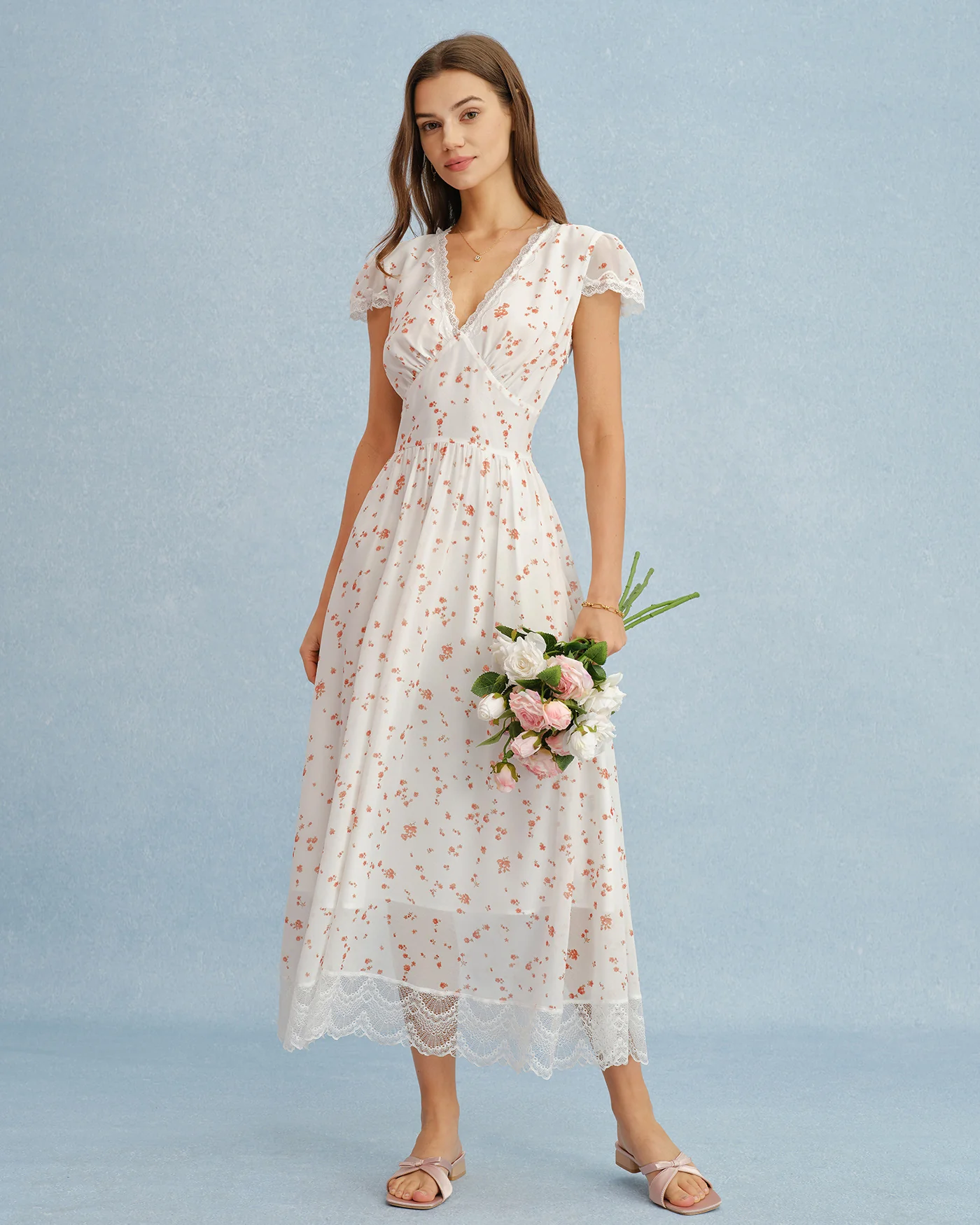 Off White V Neck Lace Floral Maxi Dress - Image 3