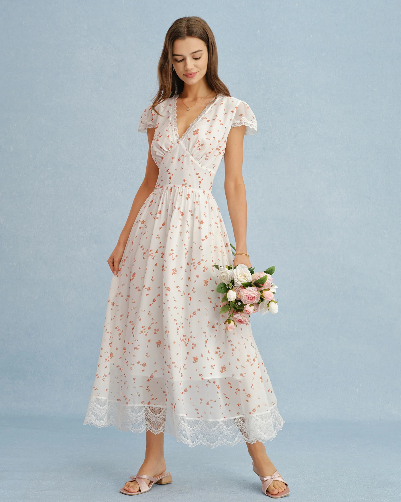 Off White V Neck Lace Floral Maxi Dress - Image 4