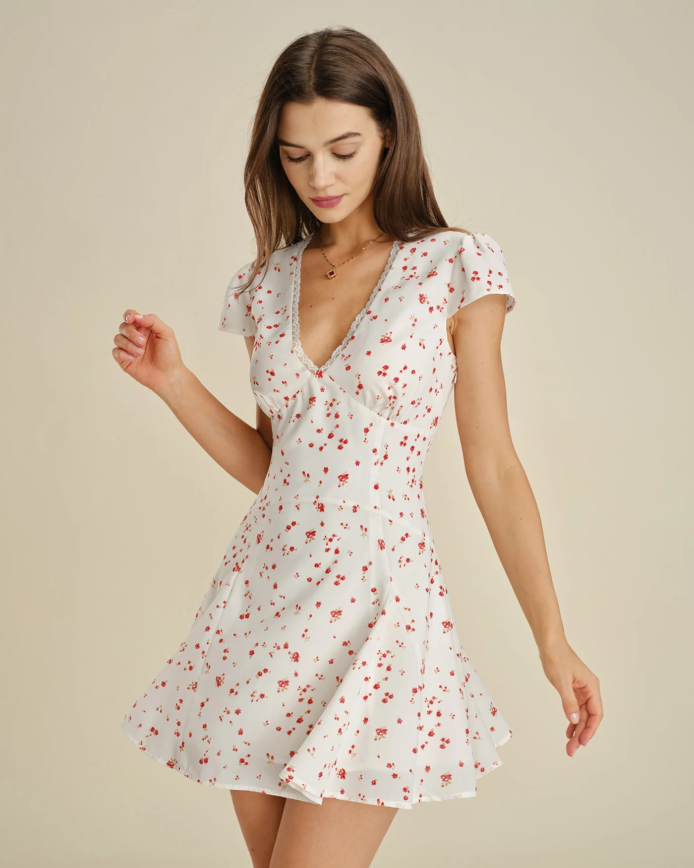 Off White V Neck Lace Floral Mini Dress