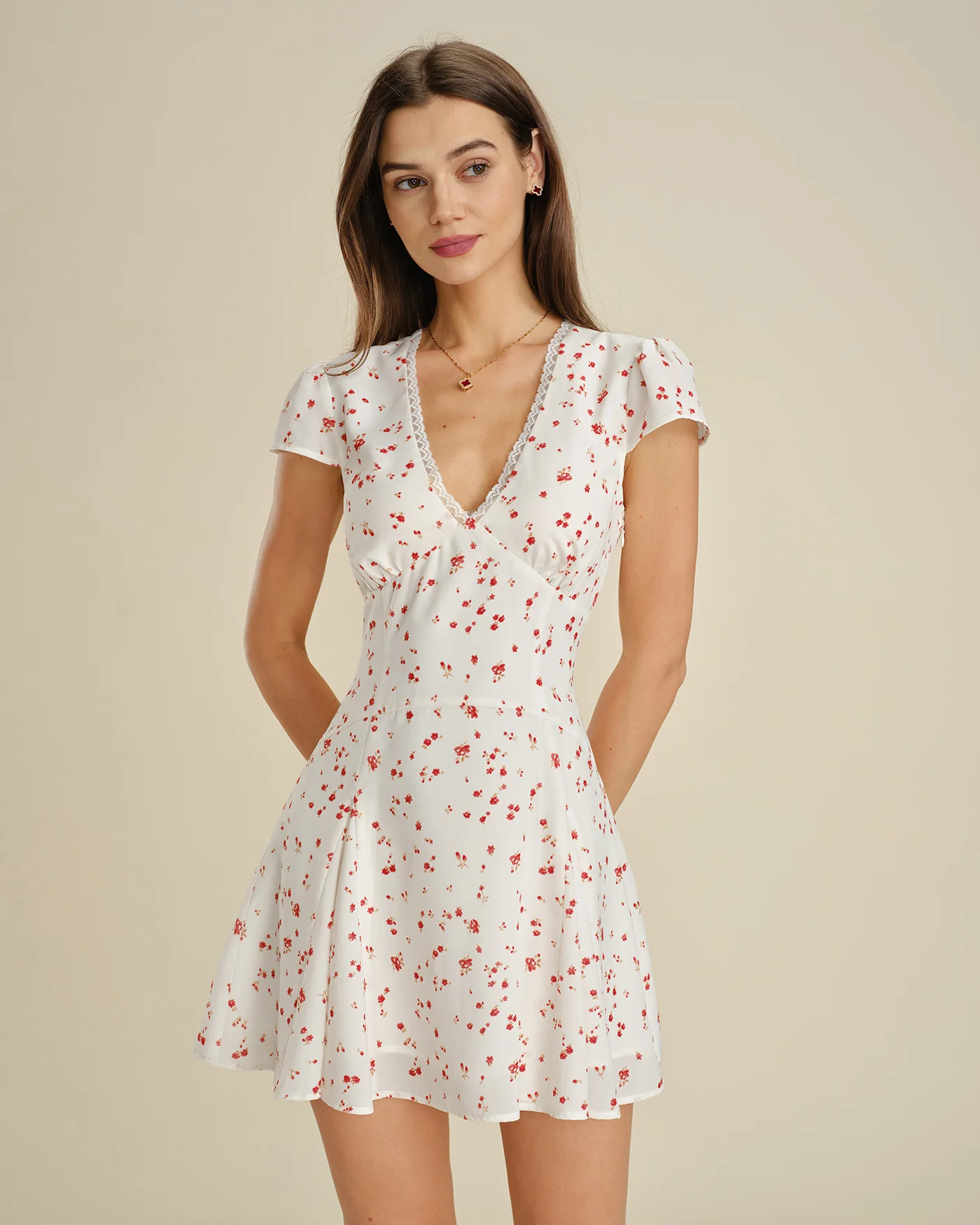 Off White V Neck Lace Floral Mini Dress - Image 3