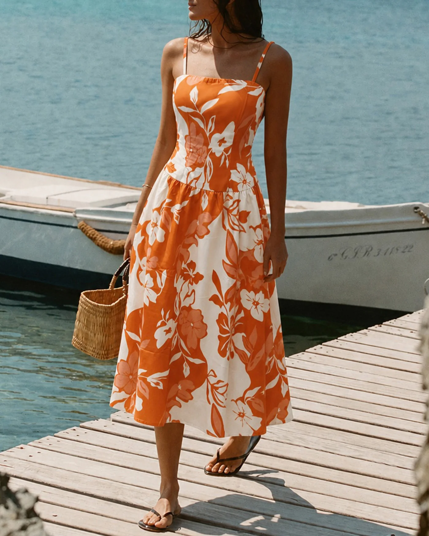 Orange Floral Slip A-Line Maxi Dress - Image 3