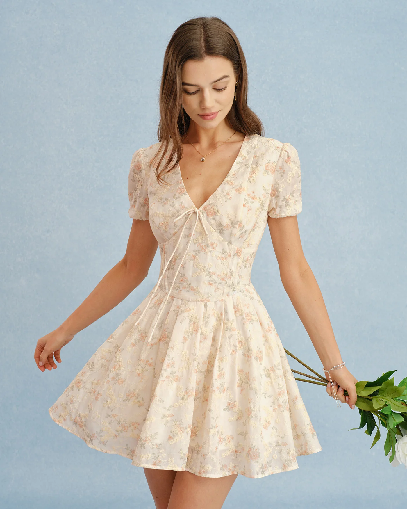 Orange V Neck Tie Floral Mini Dress - Image 3