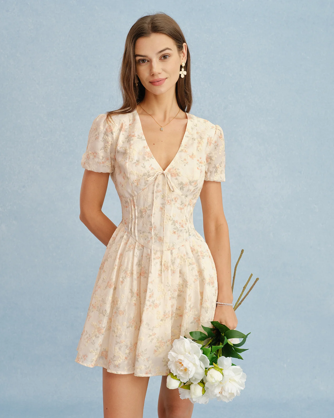 Orange V Neck Tie Floral Mini Dress - Image 5