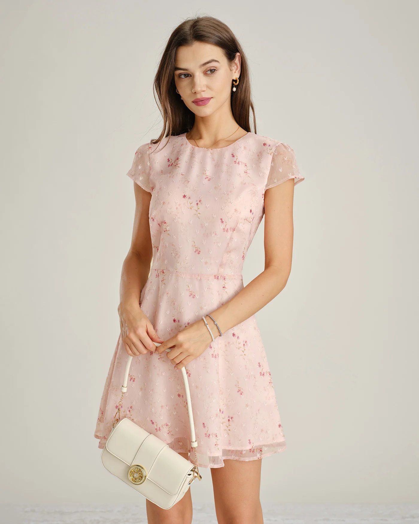 Pink Cap Sleeve Jacquard Mini Dress
