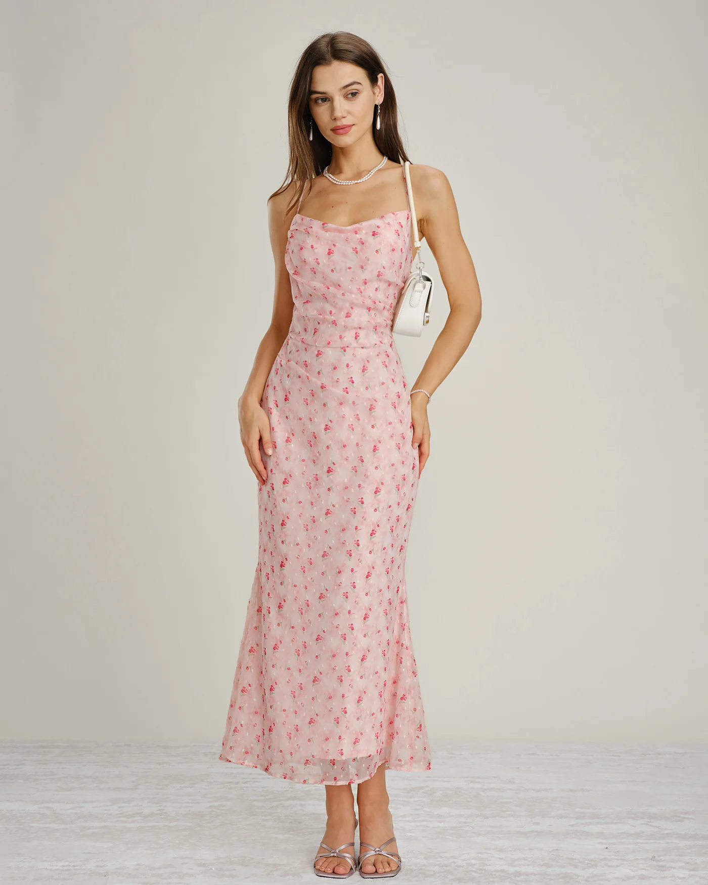 Pink Cowl Neck Floral Slip Maxi Dress - Image 4