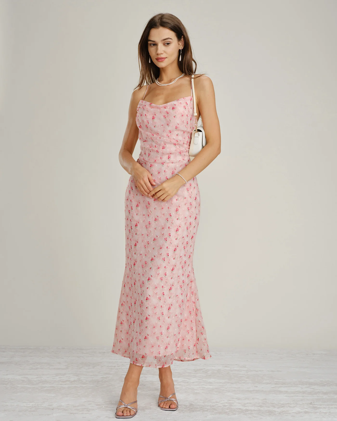 Pink Cowl Neck Floral Slip Maxi Dress - Image 7