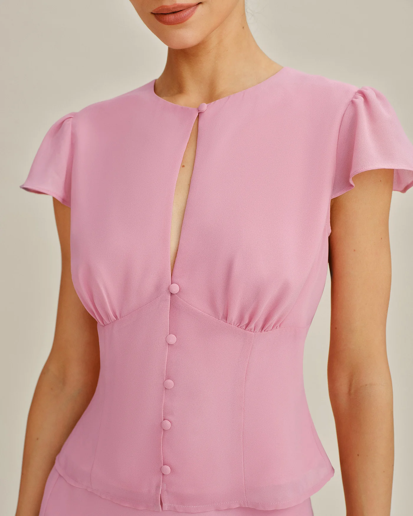 Pink Cut Out Button Chiffon Blouse - Image 3
