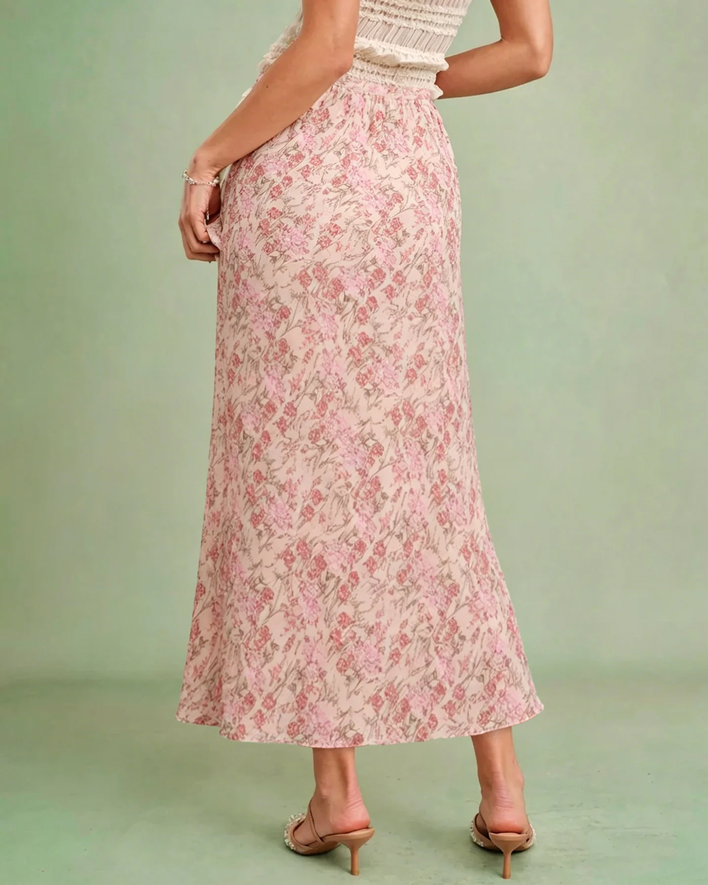 Pink Elastic Waist Floral Skirt - Image 2