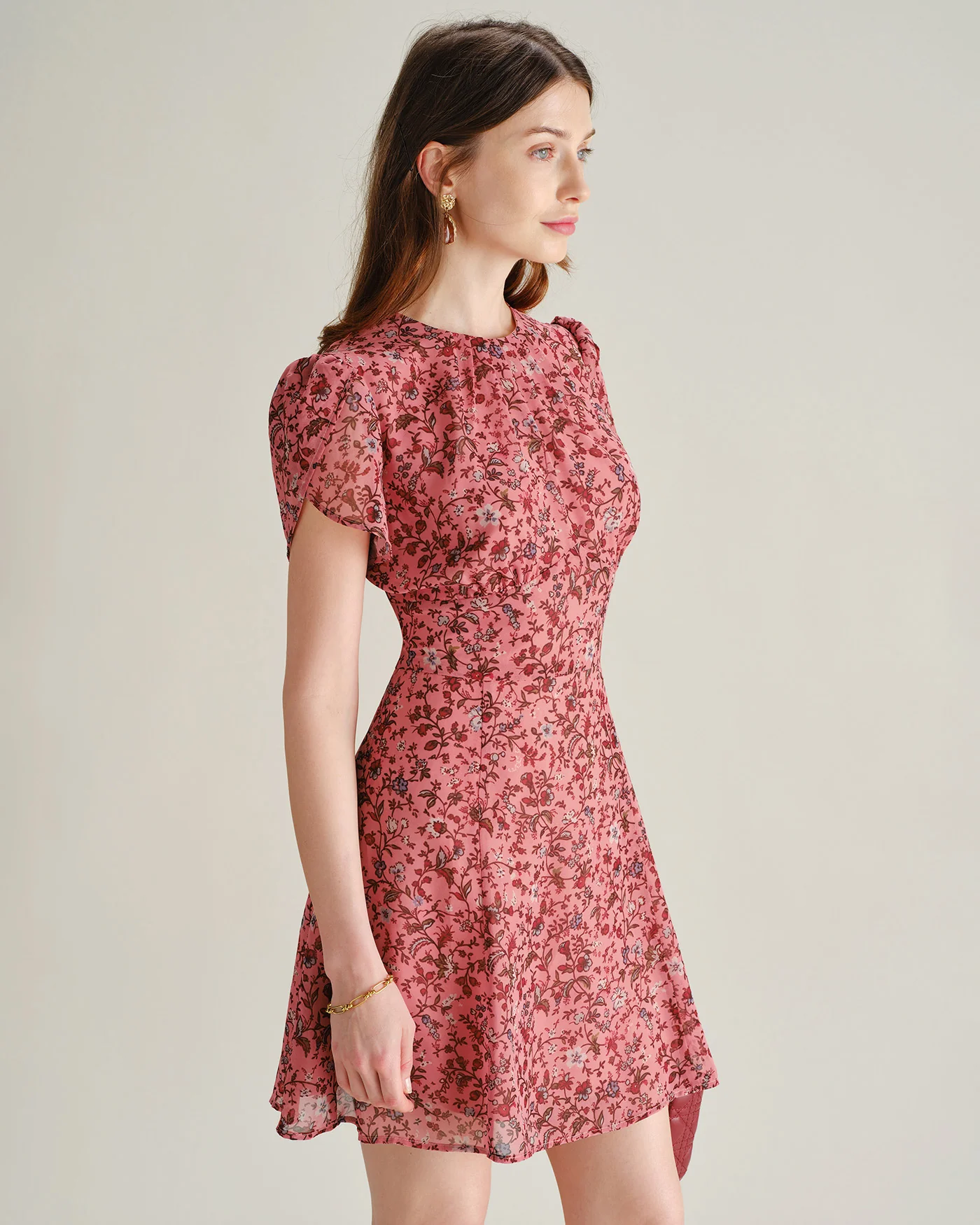 Pink Floral Ruffle Chiffon Mini Dress - Image 3