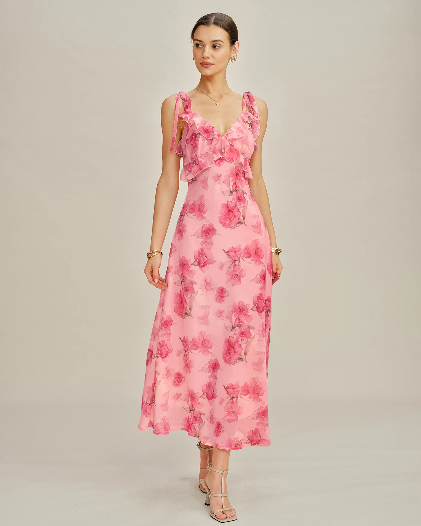 Pink Floral Ruffle Slip Chiffon Maxi Dress