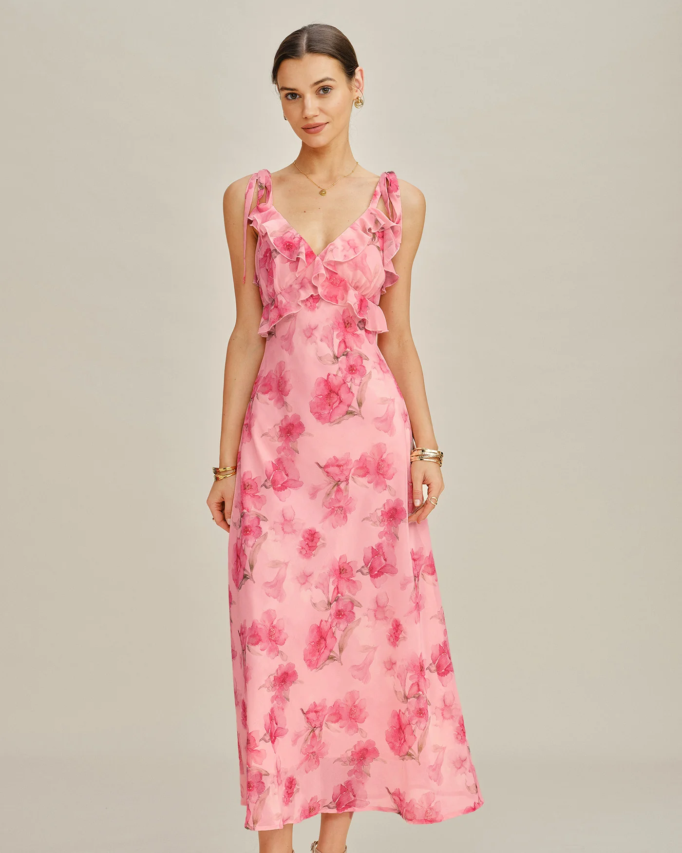 Pink Floral Ruffle Slip Chiffon Maxi Dress - Image 2