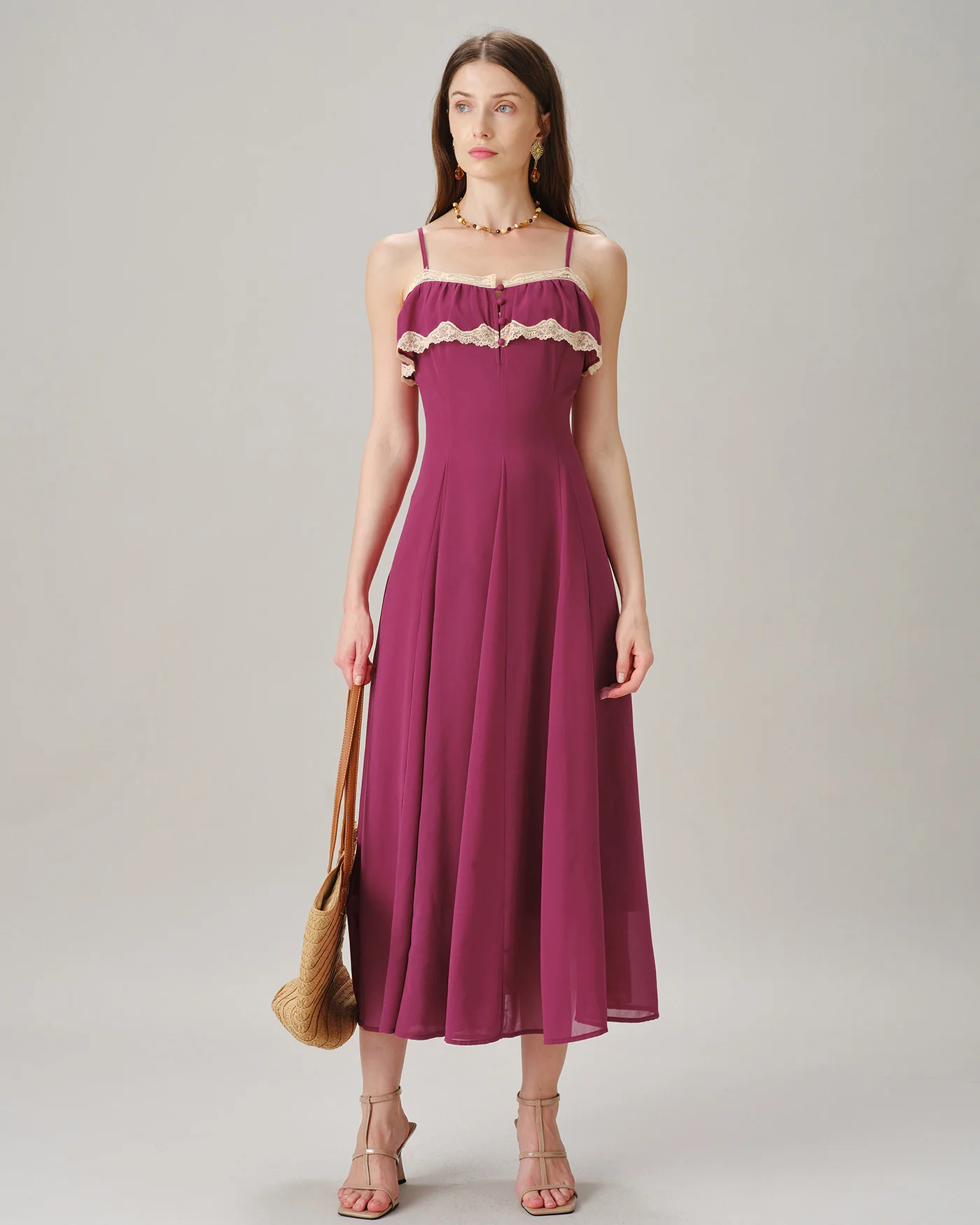 Pink Lace Button Slip Chiffon Maxi Dress - Image 3
