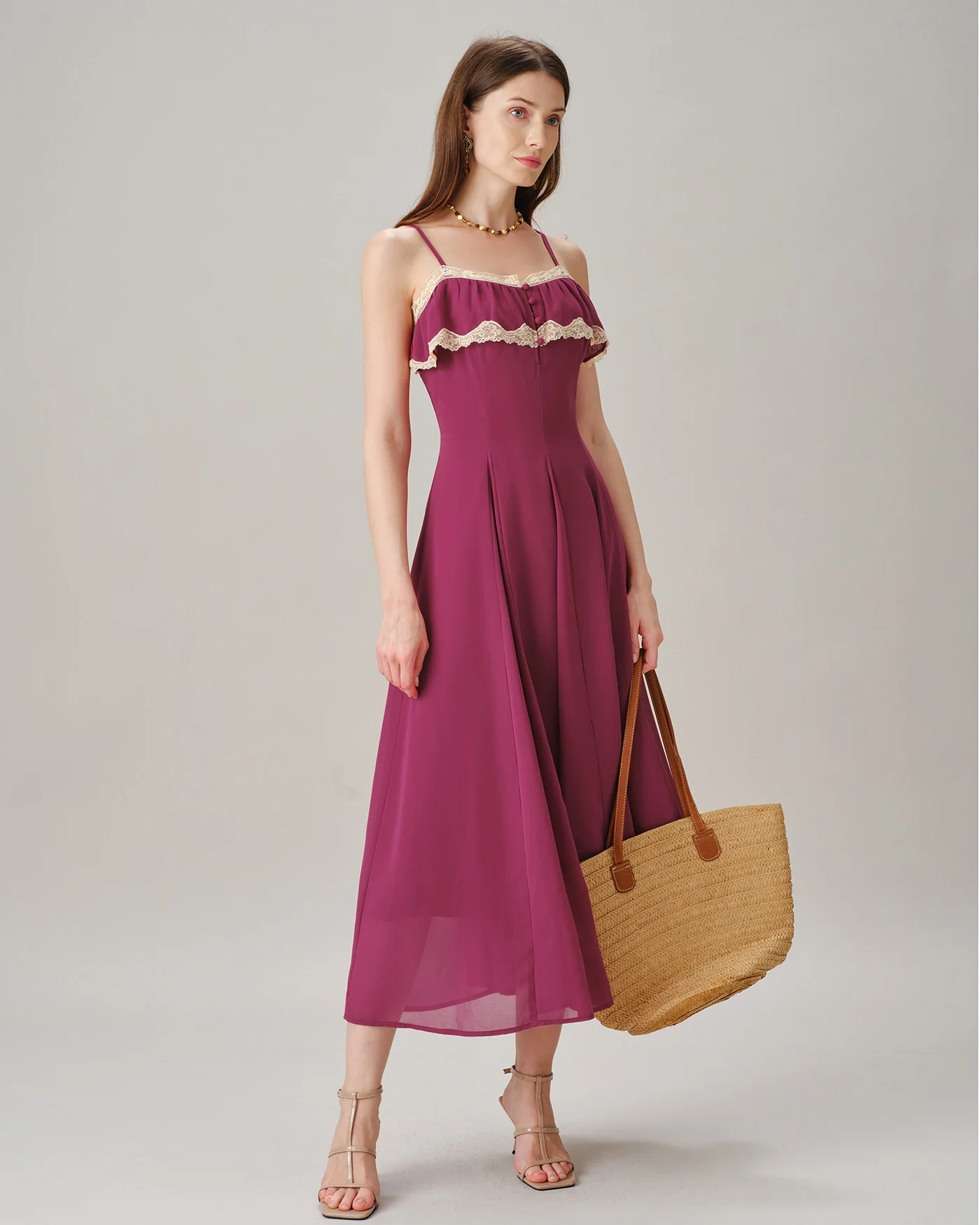 Pink Lace Button Slip Chiffon Maxi Dress - Image 4