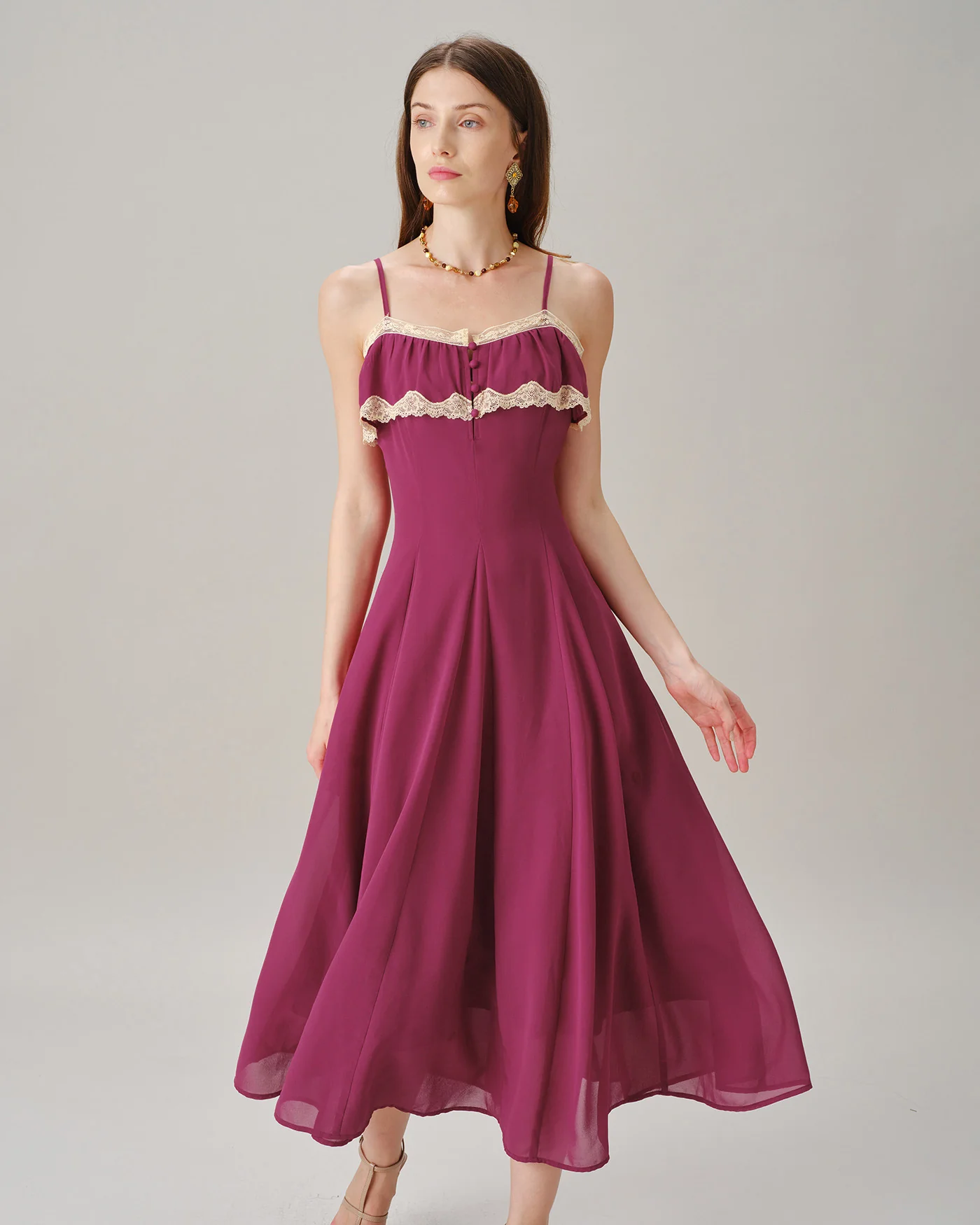 Pink Lace Button Slip Chiffon Maxi Dress - Image 5