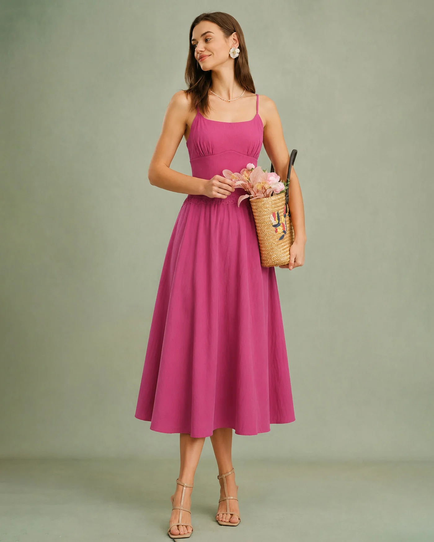Pink Lace Pockets Slip Midi Dress - Image 3